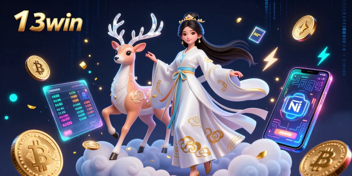 Engage with 13win's vibrant online casino experience amidst stunning digital art elements.