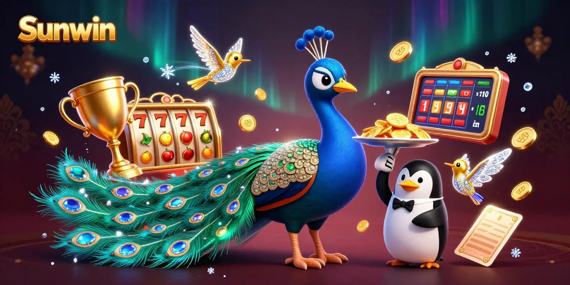 Play at Sunwin casino with vibrant slot games and dazzling characters in a rich 3D illustration.