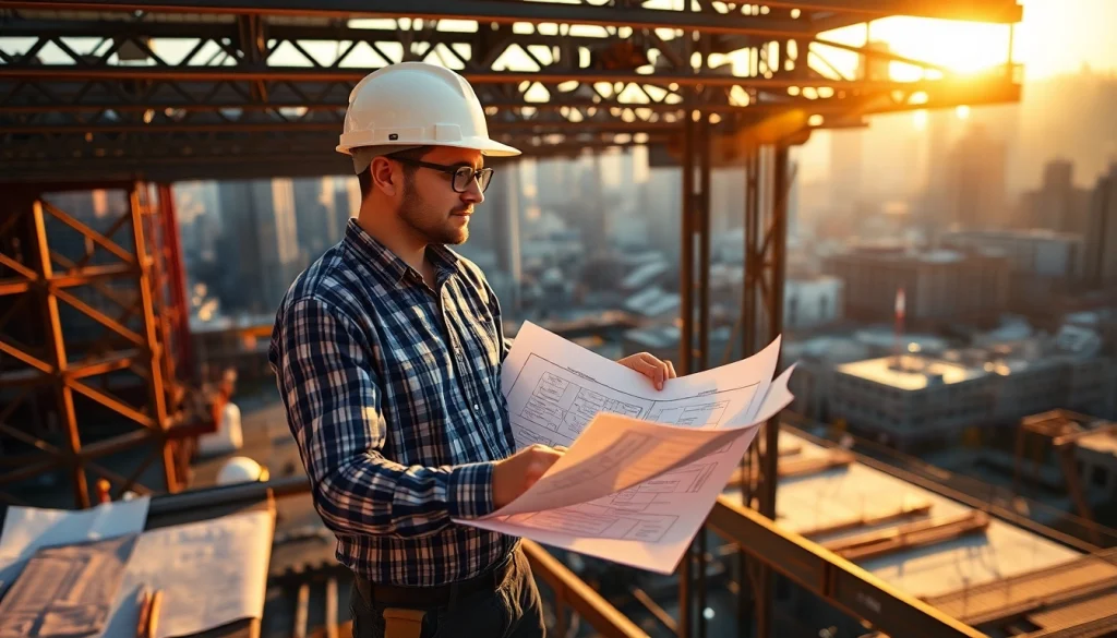 New York City Construction Manager reviewing plans on-site in a vibrant urban setting.