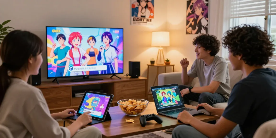 Group of friends playing hentaigames in a cozy living room, engaging with devices and sharing laughs.