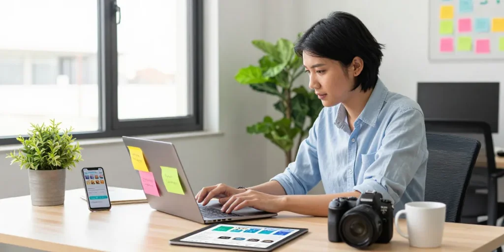 Automate my social media process with a small business owner analyzing social media metrics and engagement tools.