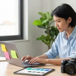 Automate my social media process with a small business owner analyzing social media metrics and engagement tools.