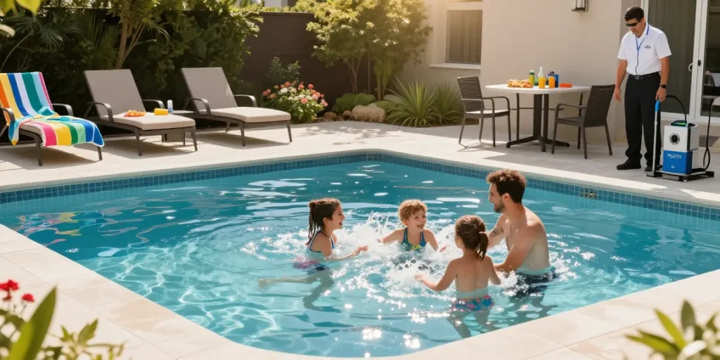 Dolphin Pool Services enhancing backyard enjoyment with families swimming and technicians maintaining the pool.