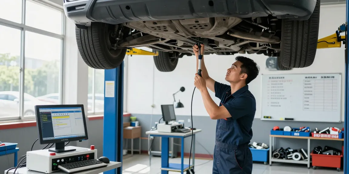 Efficient reg check UK process in a garage with technician inspecting a car.