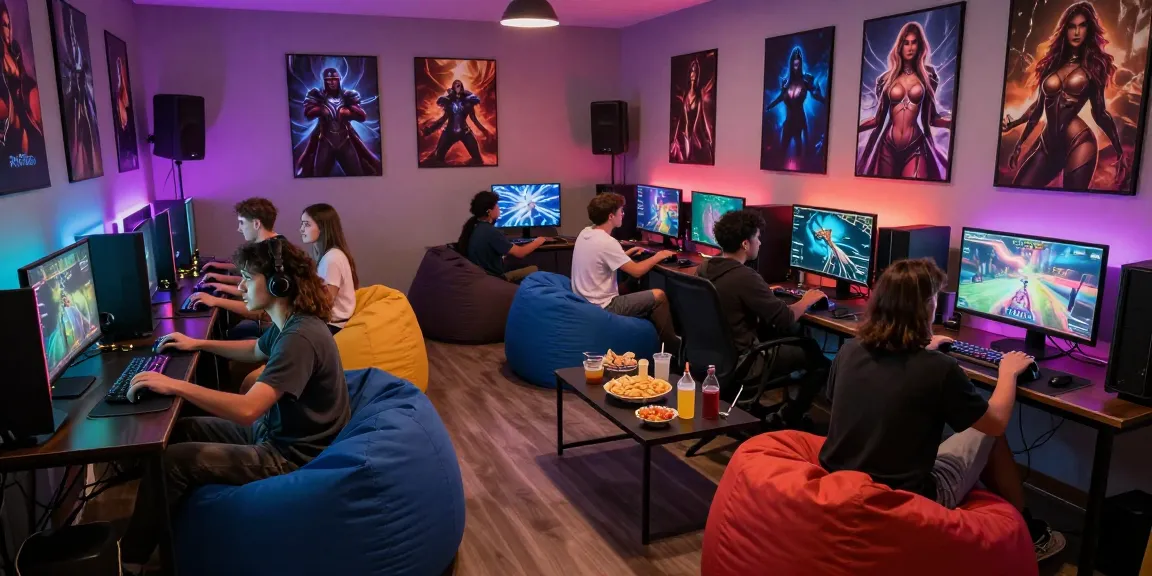 Dynamic gaming lounge with friends enjoying nsfw games, colorful LED lights, and immersive atmosphere