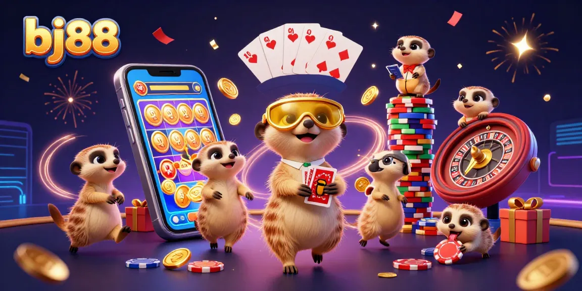 Engage in thrilling betting action with bj88's vibrant casino scene featuring meerkats.