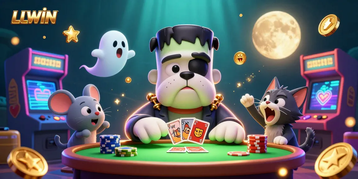 LLWIN showcases a spooky vibrant scene with a bulldog monster dealing cards surrounded by glowing gaming elements.