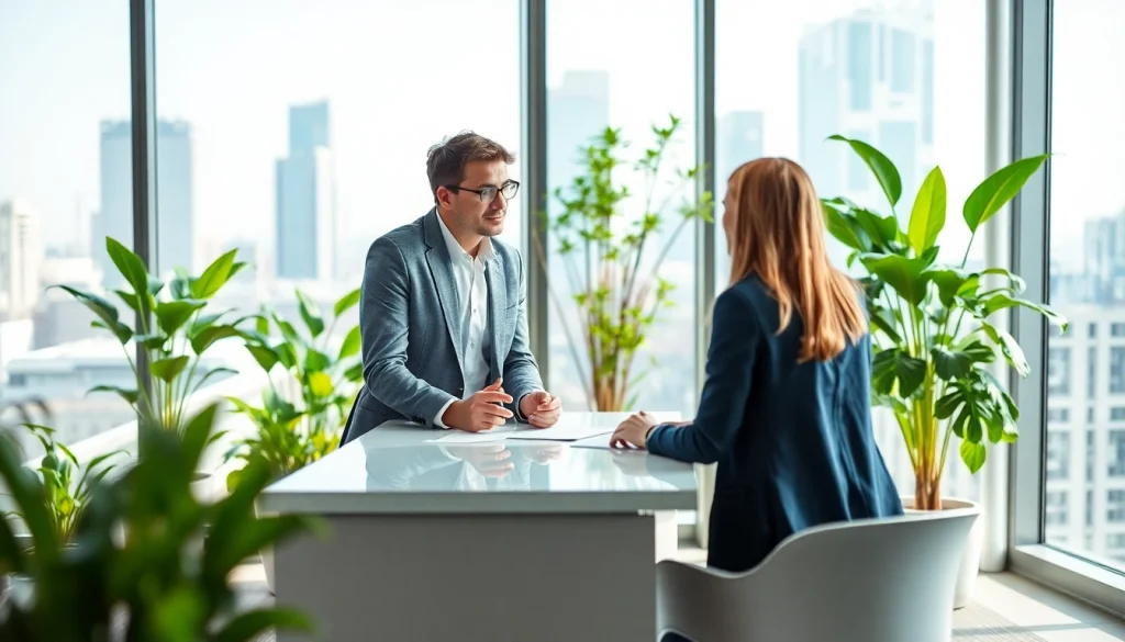 Engaged career consultant advising a client in a modern office setting.