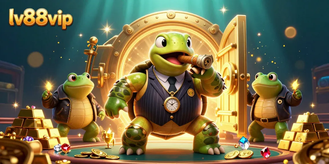 Join the lv88vip adventure with a snapping turtle mobster amidst golden treasures and casino lights.