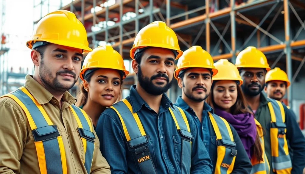 Engaging scene of diverse individuals in construction training on-site, showcasing teamwork and skills.