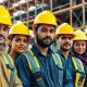 Engaging scene of diverse individuals in construction training on-site, showcasing teamwork and skills.