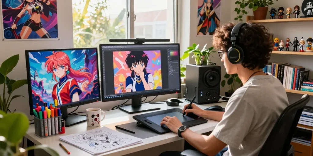 Creating stunning ai ecchi artwork in a vibrant digital art studio