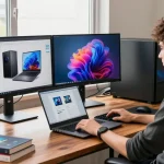 Refurbished PC setup featuring a modern workspace with laptops and vibrant displays for tech enthusiasts.
