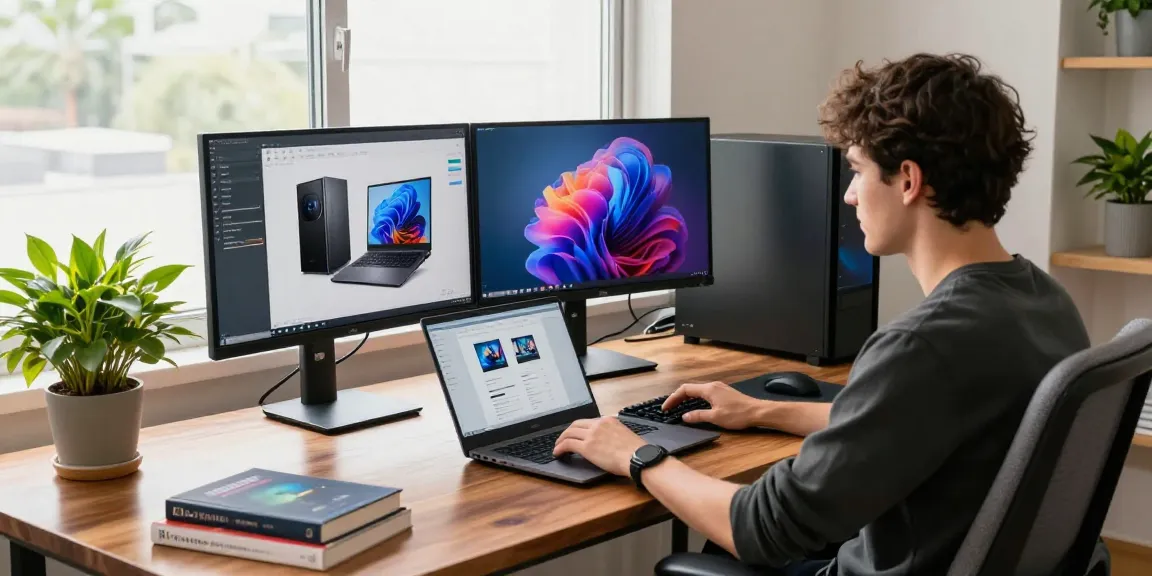 Refurbished PC setup featuring a modern workspace with laptops and vibrant displays for tech enthusiasts.