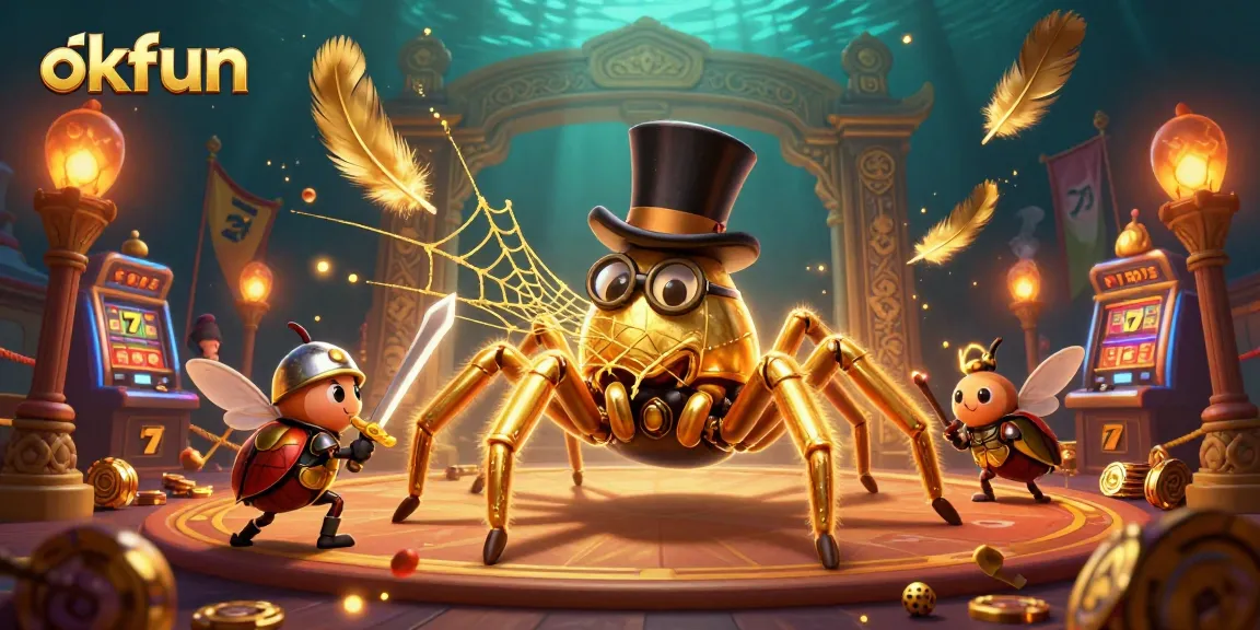 okfun players interact dynamically with golden rewards and slot machines in an exciting casino scene.