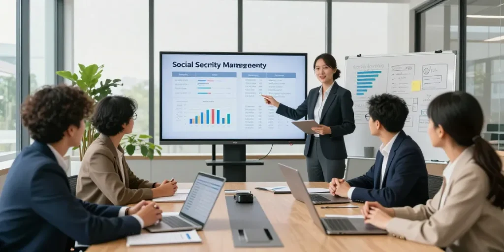 Engaging financial advisory meeting discussing social security m and personalized fiscal strategies in a modern office setting