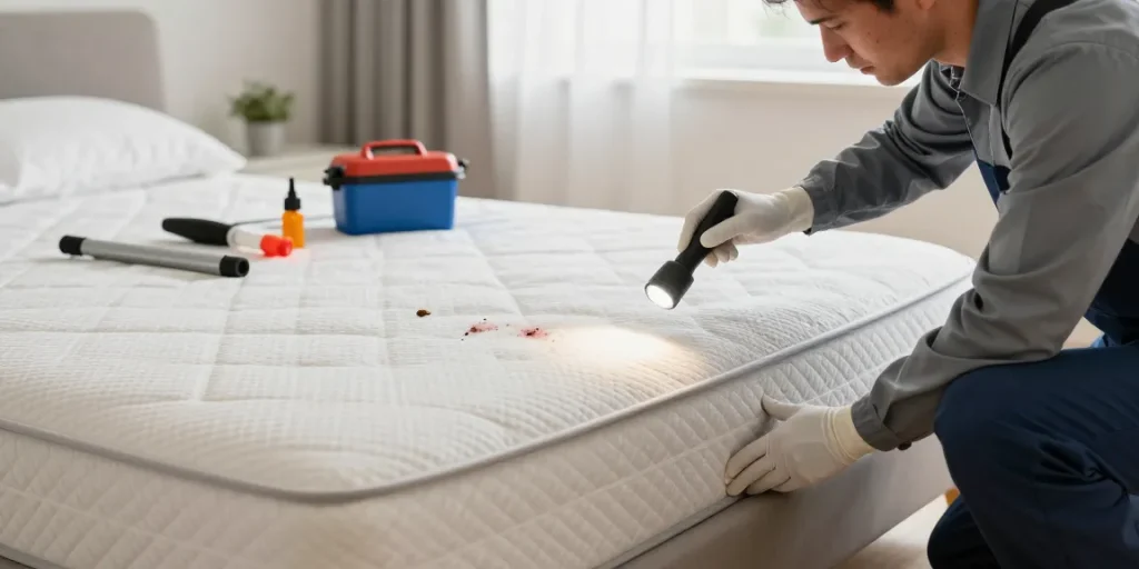 Bed bug control in a home setting with an exterminator inspecting the mattress for signs of infestation.