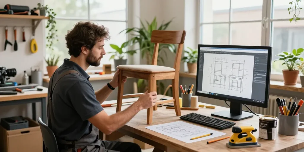 Technician using software for furniture repair companies in a well-equipped workshop