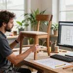Technician using software for furniture repair companies in a well-equipped workshop