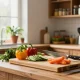 Chopping fresh vegetables on a bamboo cutting board in a sunlit kitchen.