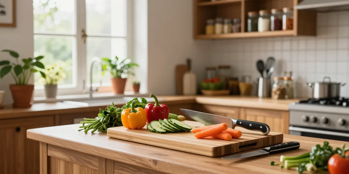 Chopping fresh vegetables on a bamboo cutting board in a sunlit kitchen.