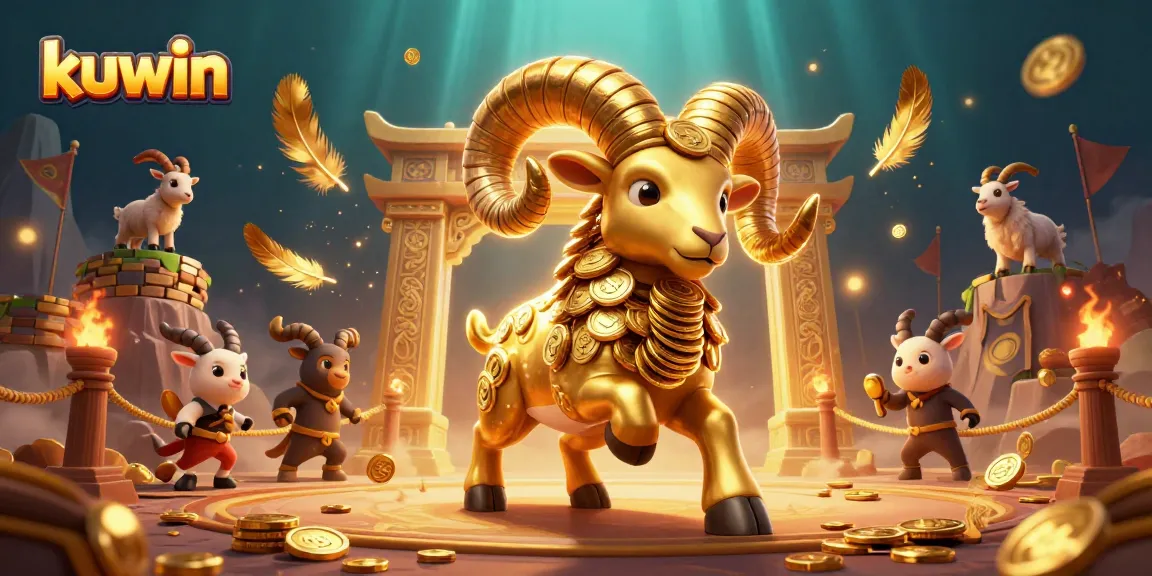 Kuwin features a vibrant 3D scene of a golden ram charging through a casino gate, surrounded by dramatic gaming elements.