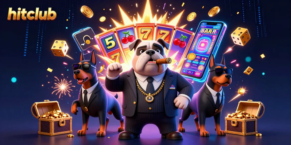 Experience the thrill of hitclub with a 3D casino scene featuring a bulldog and Doberman bodyguards amidst dynamic game elements.