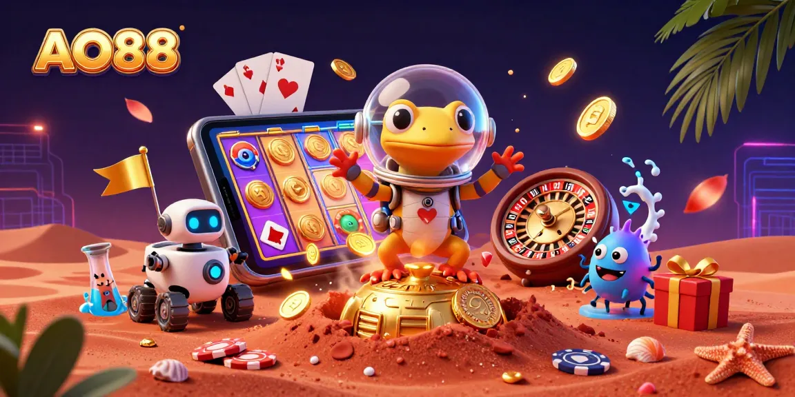 Experience the vibrant world of AO88 with a Martian gecko and casino excitement amidst alien festivities.