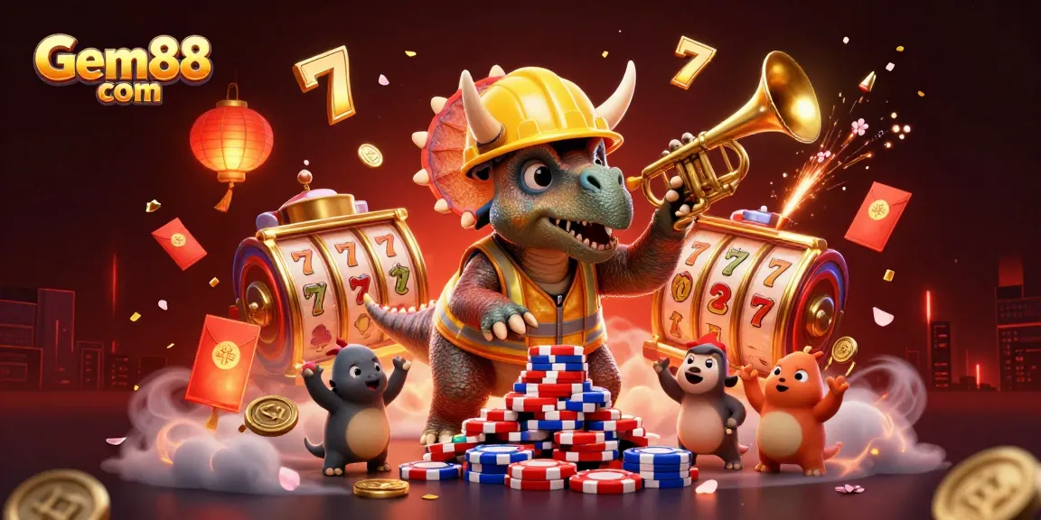 Experience thrilling wins at Gem88 com with a vibrant casino art scene featuring joyful characters.