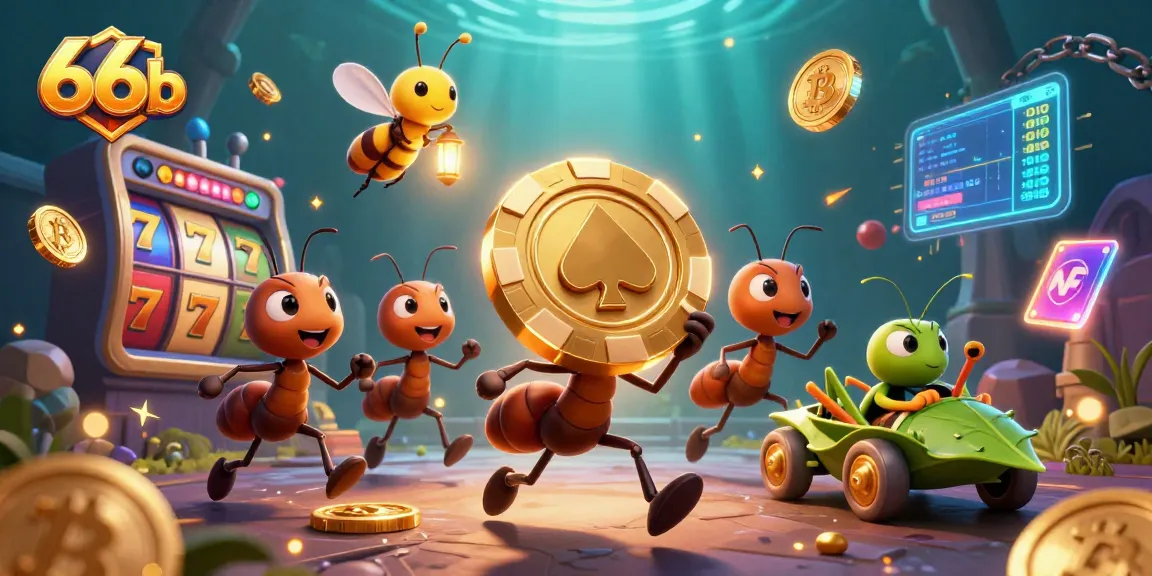 66b casino heist scene with ants, a golden chip, and digital gaming elements.
