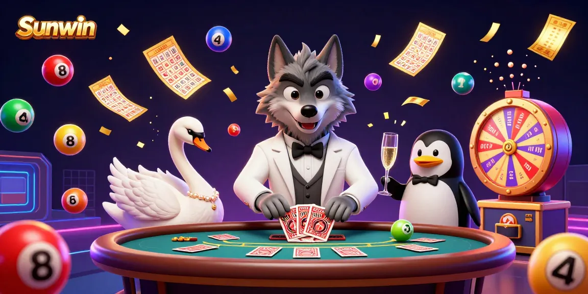 Engage with Sunwin in an ultra-detailed 3D casino scene featuring vibrant lottery elements.