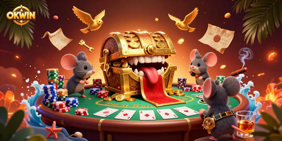 Engage with OKWIN's vibrant casino adventures featuring treasure chests and thrilling poker action.