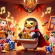 Experience the excitement of slot depo 5000 with animated characters, vibrant slot reels, and gold coins showering.