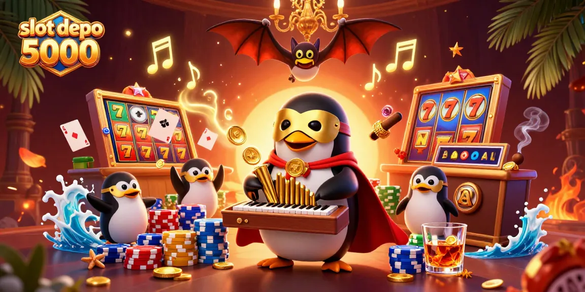 Experience the excitement of slot depo 5000 with animated characters, vibrant slot reels, and gold coins showering.