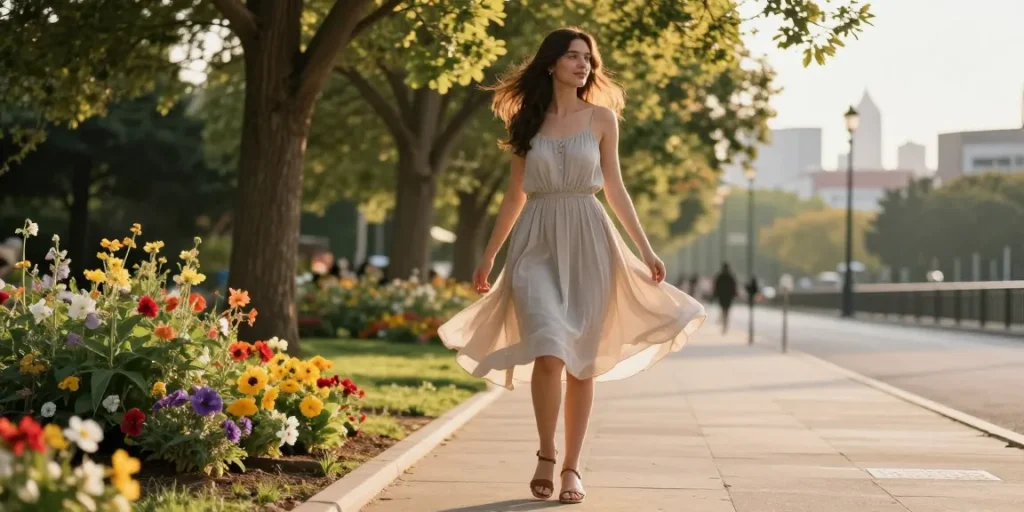 Modest dresses showcased by a joyful woman twirling in a sunlit urban park, highlighting style and comfort.