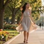 Modest dresses showcased by a joyful woman twirling in a sunlit urban park, highlighting style and comfort.