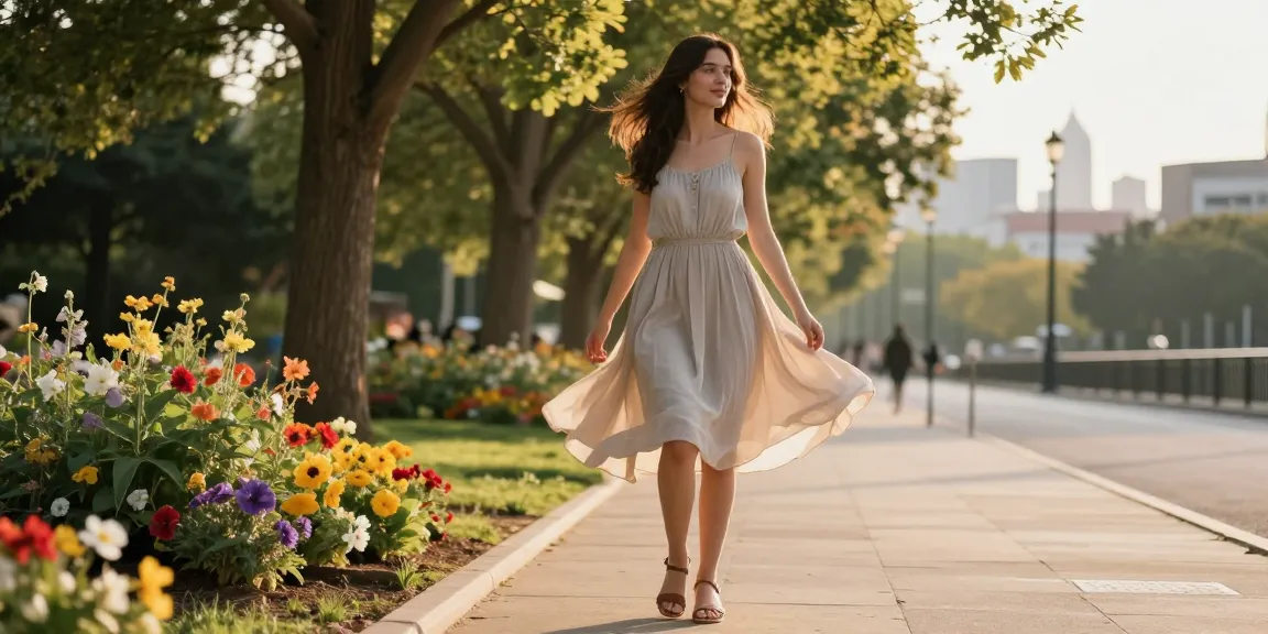 Modest dresses showcased by a joyful woman twirling in a sunlit urban park, highlighting style and comfort.