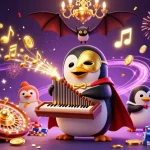 Engage in thrilling gameplay with QS88 at a vibrant casino scene featuring cascading coins and a dynamic penguin.