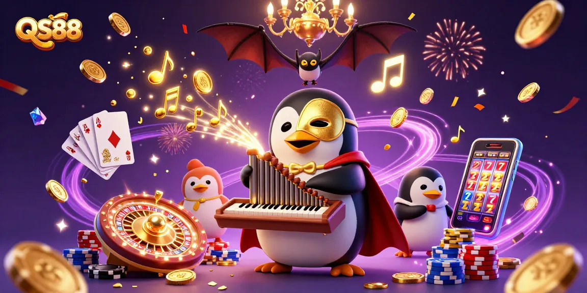 Engage in thrilling gameplay with QS88 at a vibrant casino scene featuring cascading coins and a dynamic penguin.