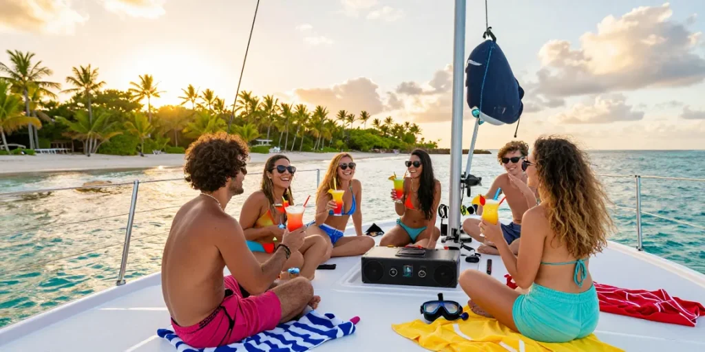 Exciting yacht rental Punta Cana experience with friends celebrating on a catamaran at sunset.