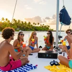 Exciting yacht rental Punta Cana experience with friends celebrating on a catamaran at sunset.