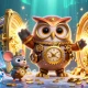 Experience thrilling gameplay at ee881 with a whimsical 3D illustration of a time-traveler owl and clockwork mouse in a vibrant casino.