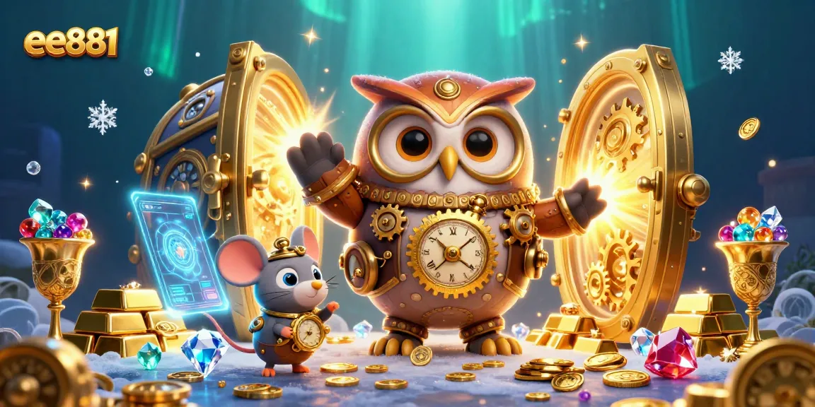 Experience thrilling gameplay at ee881 with a whimsical 3D illustration of a time-traveler owl and clockwork mouse in a vibrant casino.