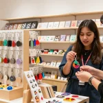 Explore custom keychains in a vibrant e-commerce scene, highlighting unique designs and colorful displays.