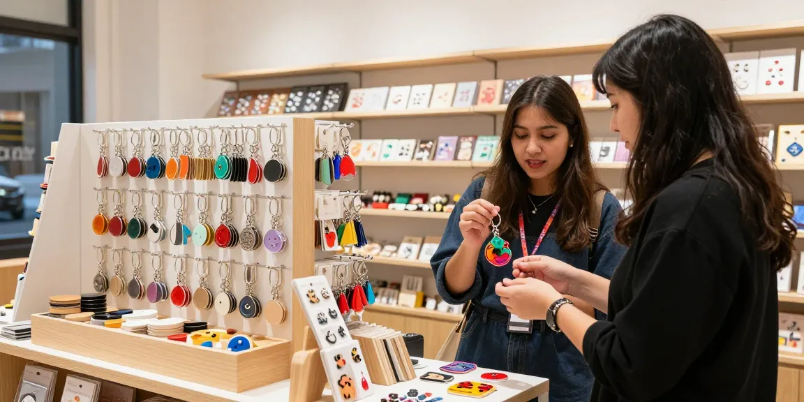 Explore custom keychains in a vibrant e-commerce scene, highlighting unique designs and colorful displays.