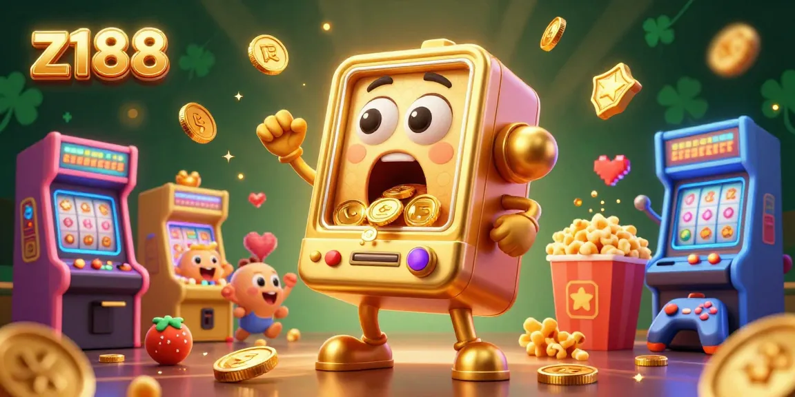 Engage with the exciting world of z188 as the golden slot machine celebrates hitting a jackpot, surrounded by cheering machines and vibrant gaming elements.