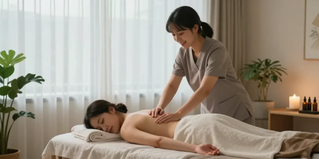 Enjoying a 파주출장안마 therapy session in a tranquil home setting, highlighting relaxation and comfort.