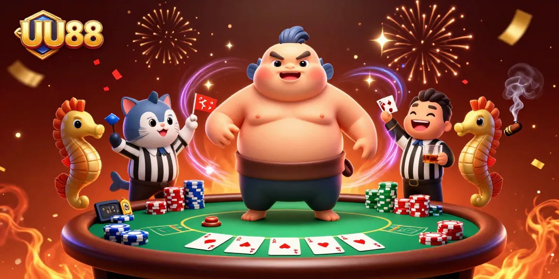 Engage with UU88's exciting underwater casino battle featuring animated characters and vibrant poker elements.