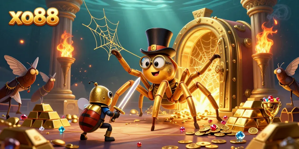 Engage with vibrant xo88 casino-themed illustration showcasing golden tarantula and beetle knight.