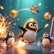 Experience the thrill of 11WIN with a golden penguin blasting through the cosmos to a vibrant casino space station.